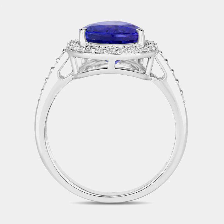 Pre Owned 4.06 cts Tanzanite and Diamond 14K White Gold Halo Ring US Size 7