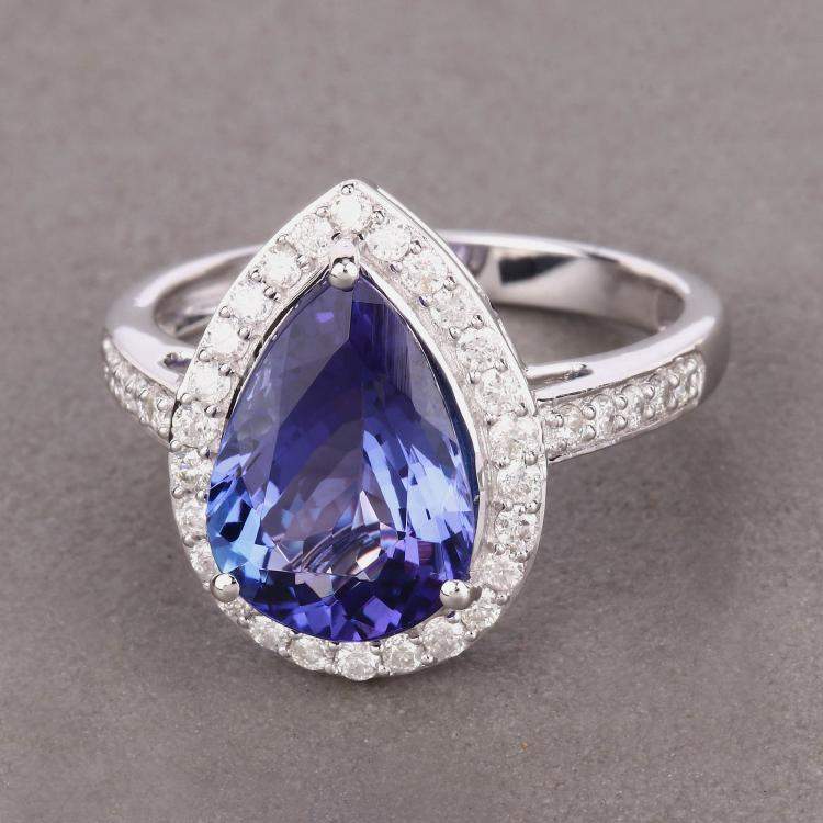 Pre Owned 4.06 cts Tanzanite and Diamond 14K White Gold Halo Ring US Size 7