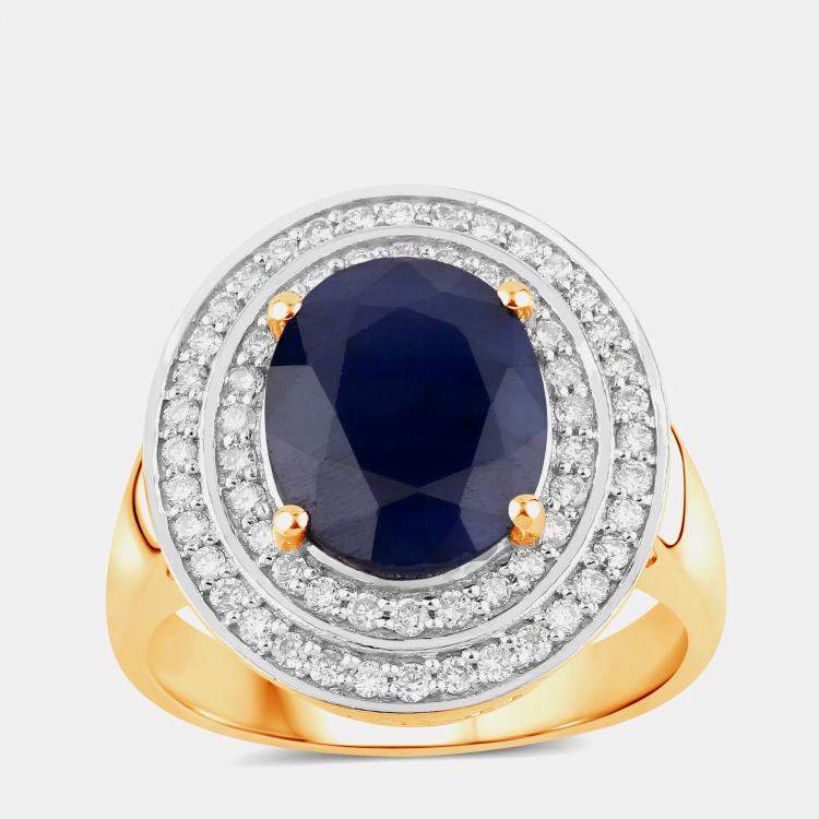 Pre Owned 4.32 cts Blue Sapphire and Diamond 14K Yellow Gold Halo Ring US Size 7
