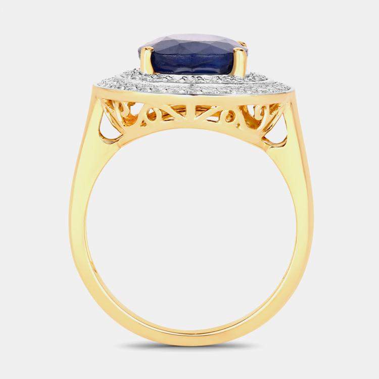 Pre Owned 4.32 cts Blue Sapphire and Diamond 14K Yellow Gold Halo Ring US Size 7