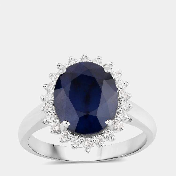 Pre Owned 4.32 cts Blue Sapphire and Diamond 14K White Gold Halo Ring US Size 7
