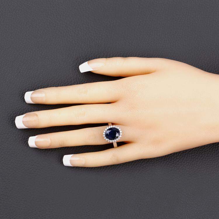 Pre Owned 4.32 cts Blue Sapphire and Diamond 14K White Gold Halo Ring US Size 7