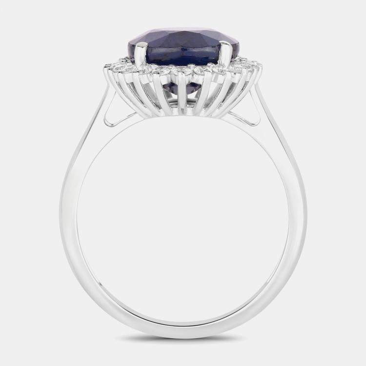 Pre Owned 4.32 cts Blue Sapphire and Diamond 14K White Gold Halo Ring US Size 7