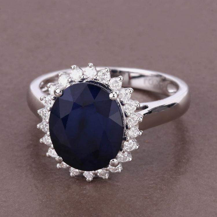 Pre Owned 4.32 cts Blue Sapphire and Diamond 14K White Gold Halo Ring US Size 7