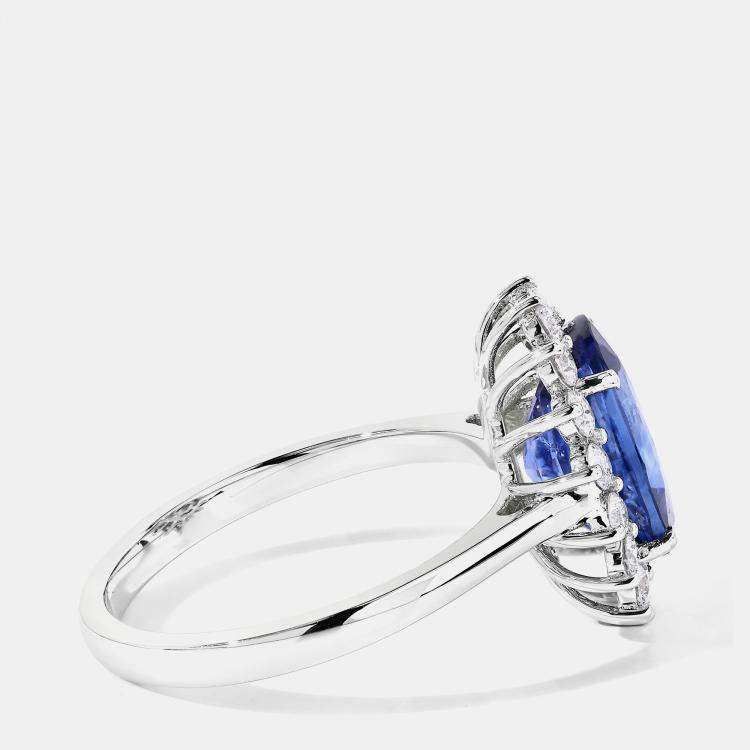 Pre Owned 4.06 cts Ceylon Blue Sapphire and Diamond 18K White Gold Halo Ring US Size 7