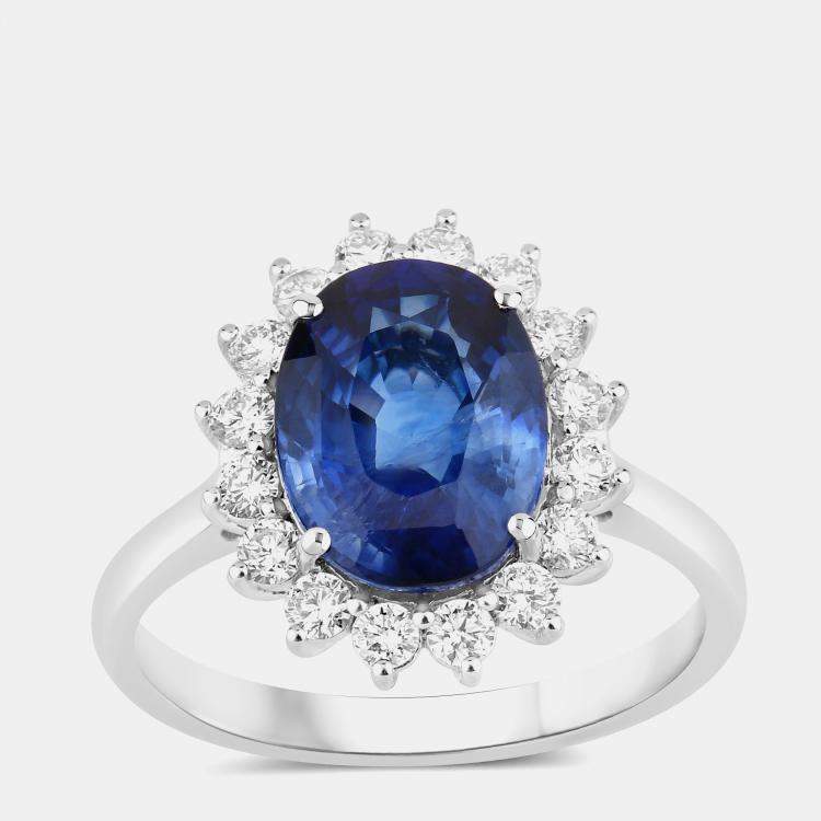 Pre Owned 4.06 cts Ceylon Blue Sapphire and Diamond 18K White Gold Halo Ring US Size 7
