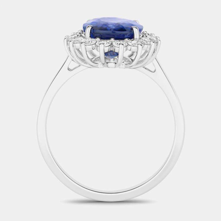 Pre Owned 4.06 cts Ceylon Blue Sapphire and Diamond 18K White Gold Halo Ring US Size 7