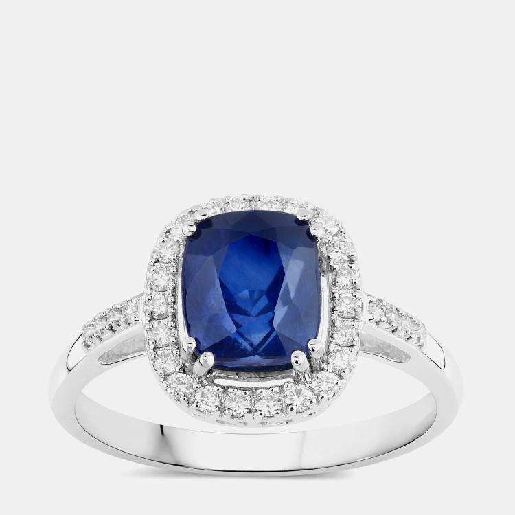 Pre Owned 2.77 cts Ceylon Blue Sapphire and Diamond 18K White Gold Halo Ring US Size 7