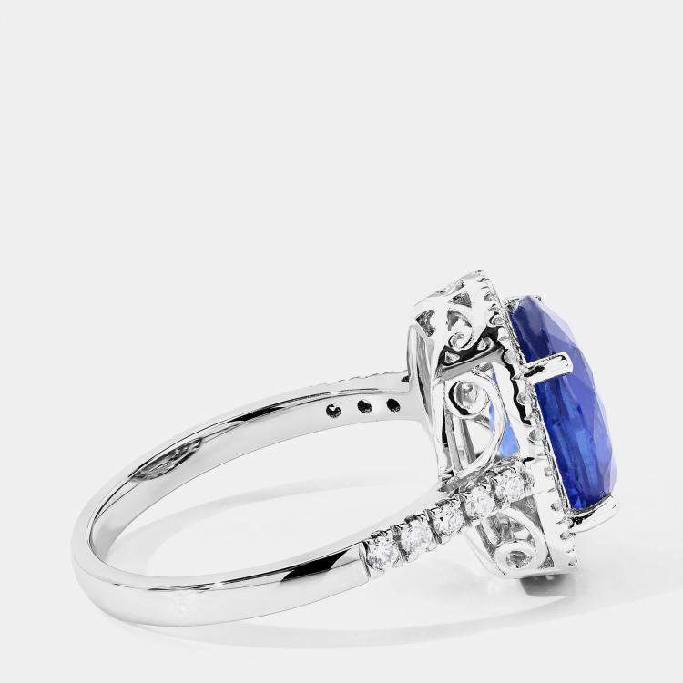 Pre Owned 4.35 cts Ceylon Blue Sapphire and Diamond 18K White Gold Halo Ring US Size 7