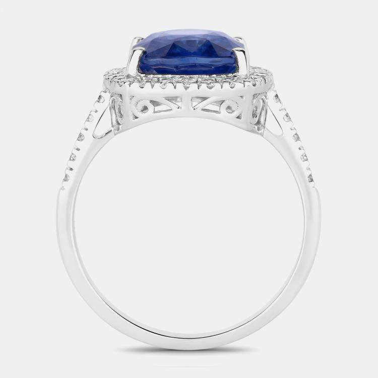 Pre Owned 4.35 cts Ceylon Blue Sapphire and Diamond 18K White Gold Halo Ring US Size 7