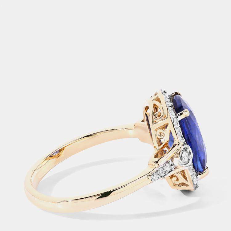 Pre Owned 3.72 cts Ceylon Blue Sapphire and Diamond 18K Yellow Gold Halo Ring US Size 7