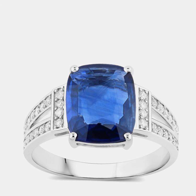 Pre Owned 3.11 cts Ceylon Blue Sapphire and Diamond 18K White Gold Bridge Ring US Size 7