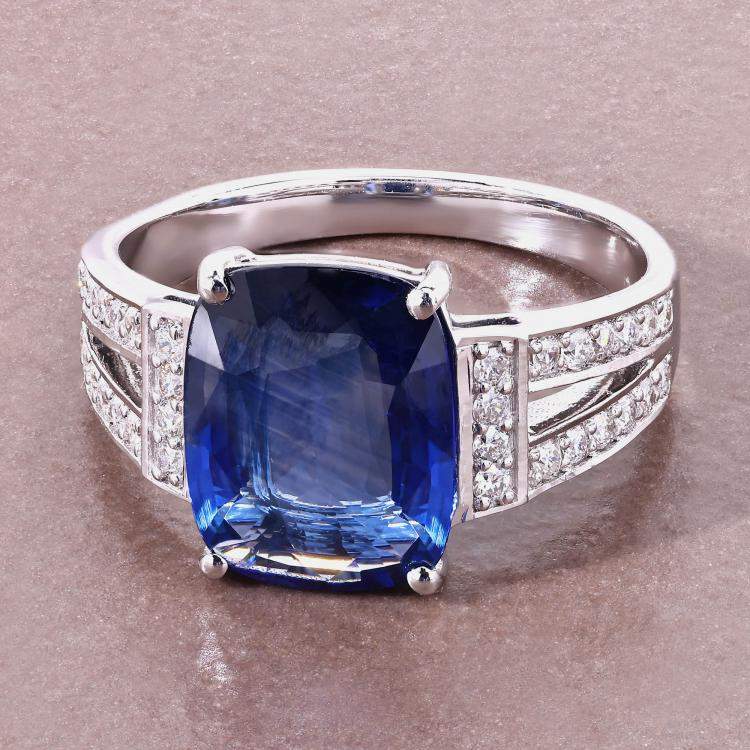 Pre Owned 3.11 cts Ceylon Blue Sapphire and Diamond 18K White Gold Bridge Ring US Size 7