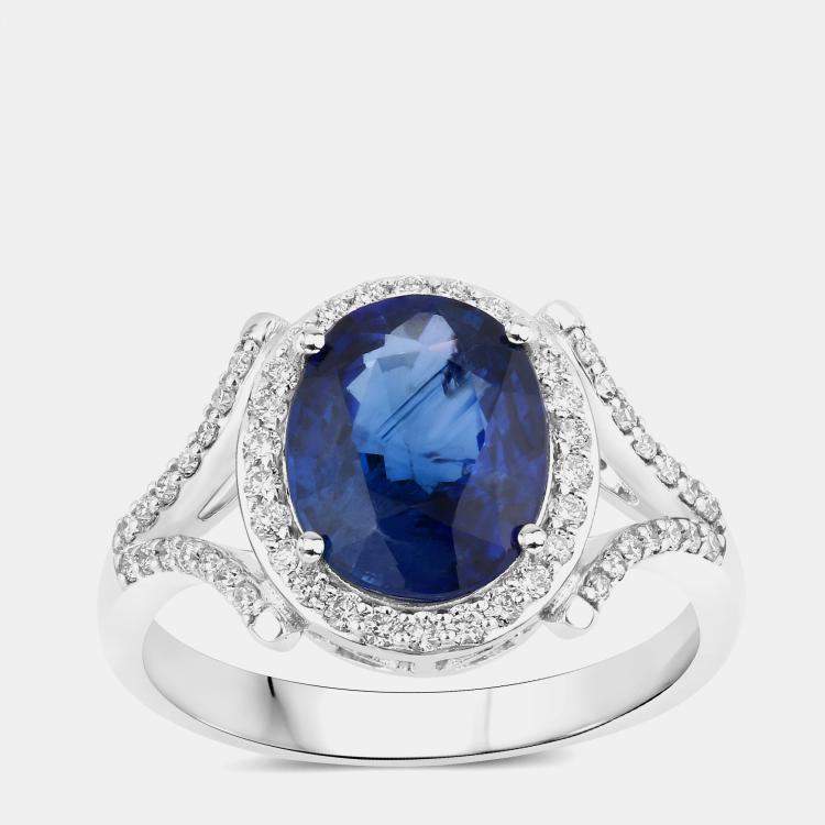 Pre Owned 3.38 cts Ceylon Blue Sapphire and Diamond 18K White Gold Promise Ring US Size 7