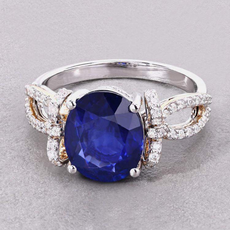 Pre Owned 3.78 cts Ceylon Blue Sapphire and Diamond 18K White & Yellow Gold Ring US Size 7