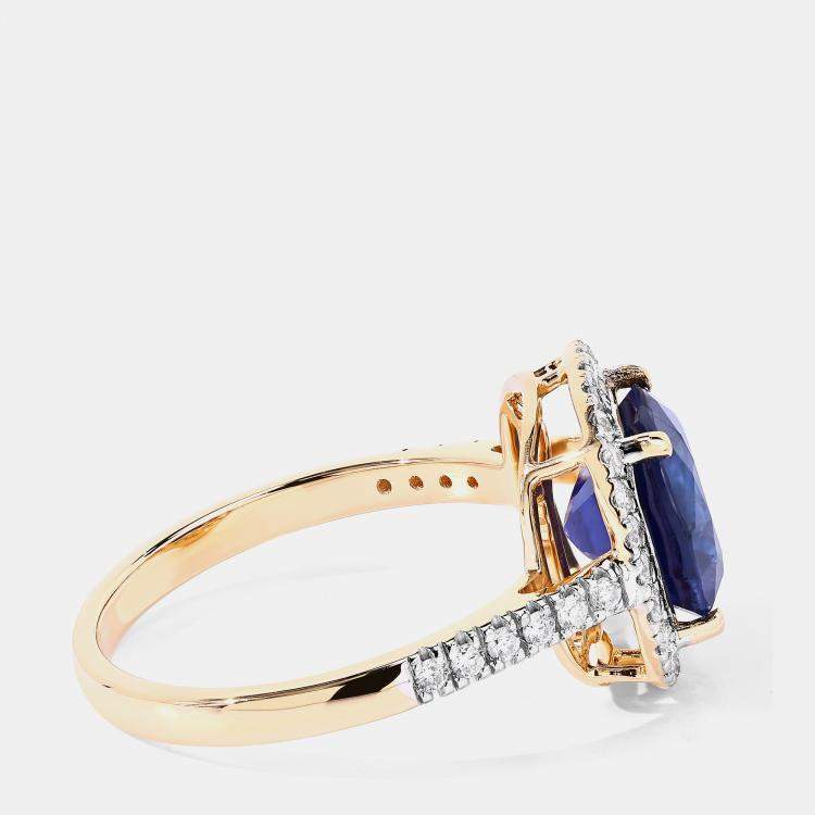Pre Owned 3.38 cts Ceylon Blue Sapphire and Diamond 18K Yellow Gold Halo Ring US Size 7