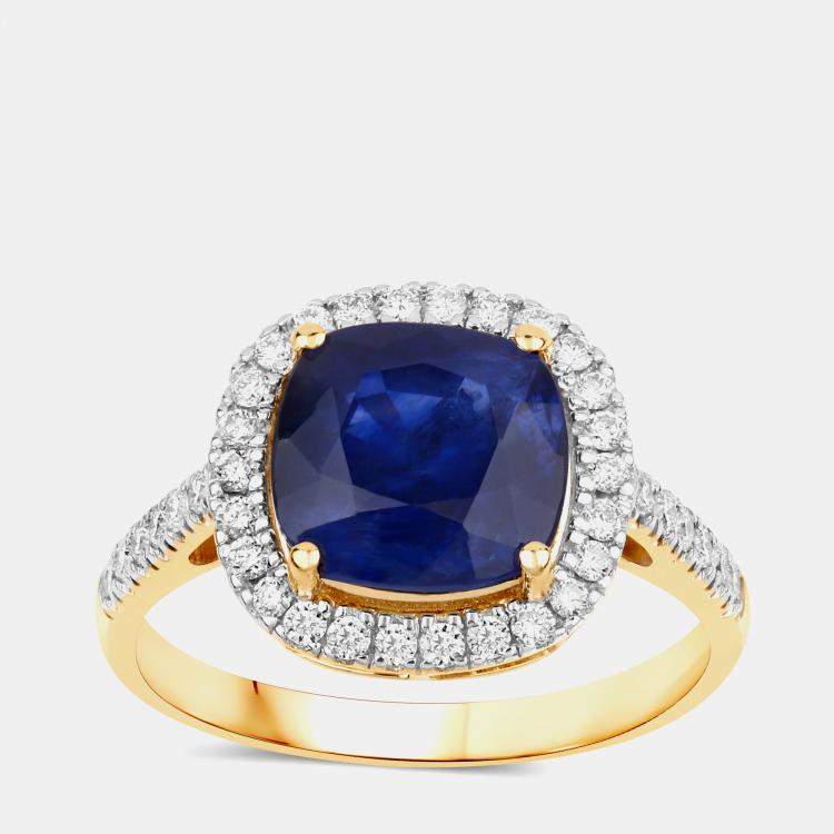 Pre Owned 3.38 cts Ceylon Blue Sapphire and Diamond 18K Yellow Gold Halo Ring US Size 7