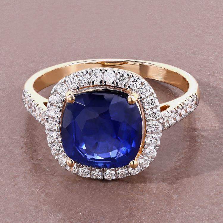 Pre Owned 3.38 cts Ceylon Blue Sapphire and Diamond 18K Yellow Gold Halo Ring US Size 7
