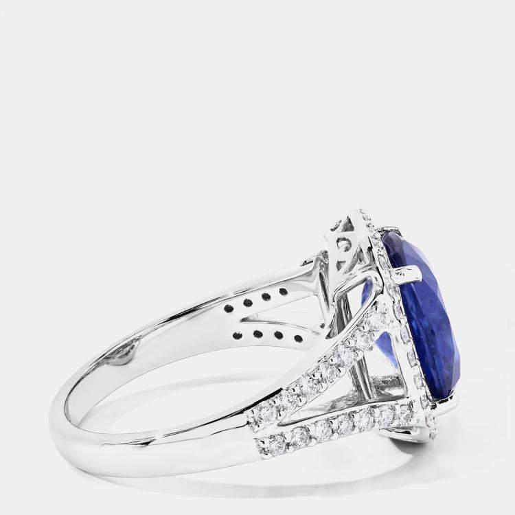 Pre Owned 4.01 cts Ceylon Blue Sapphire and Diamond 18K White Gold Halo Ring US Size 7