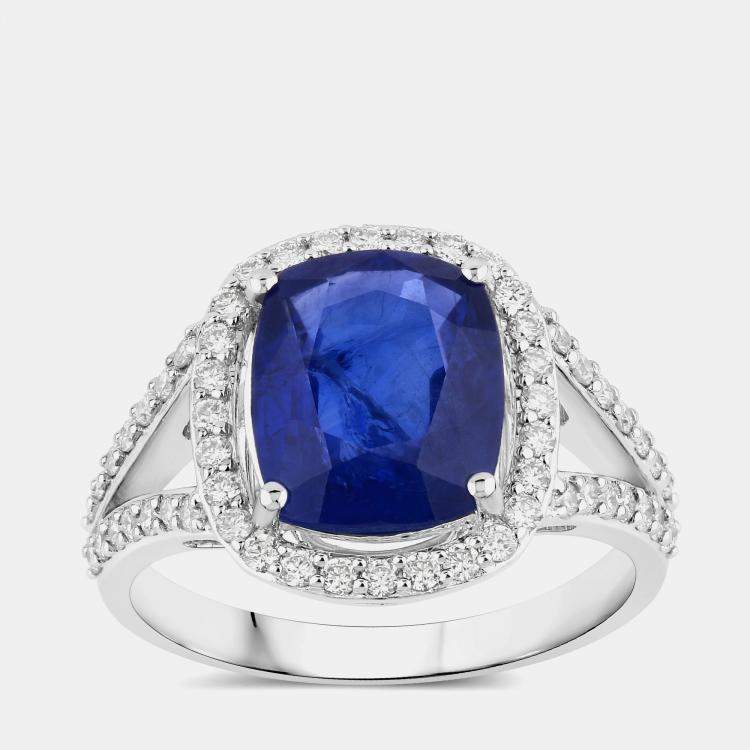 Pre Owned 4.01 cts Ceylon Blue Sapphire and Diamond 18K White Gold Halo Ring US Size 7