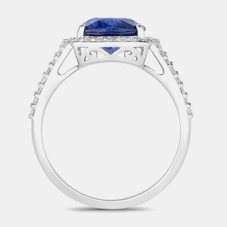 Pre Owned 4.01 cts Ceylon Blue Sapphire and Diamond 18K White Gold Halo Ring US Size 7