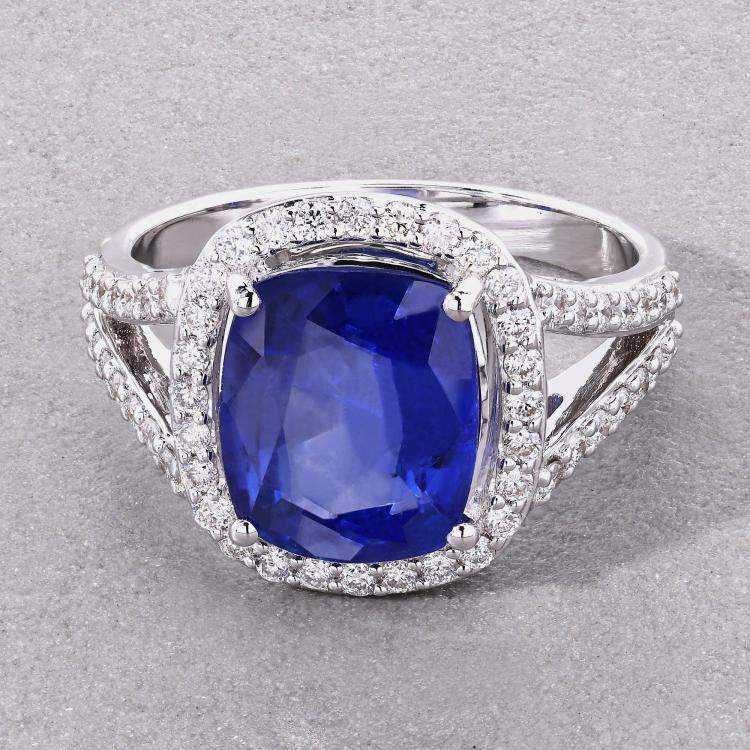 Pre Owned 4.01 cts Ceylon Blue Sapphire and Diamond 18K White Gold Halo Ring US Size 7