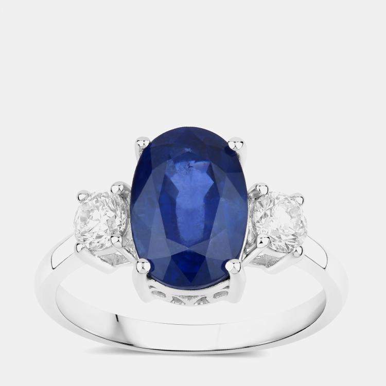 Pre Owned 3.85 cts Ceylon Blue Sapphire and Diamond 18K White Gold 3 Stone Ring US Size 7
