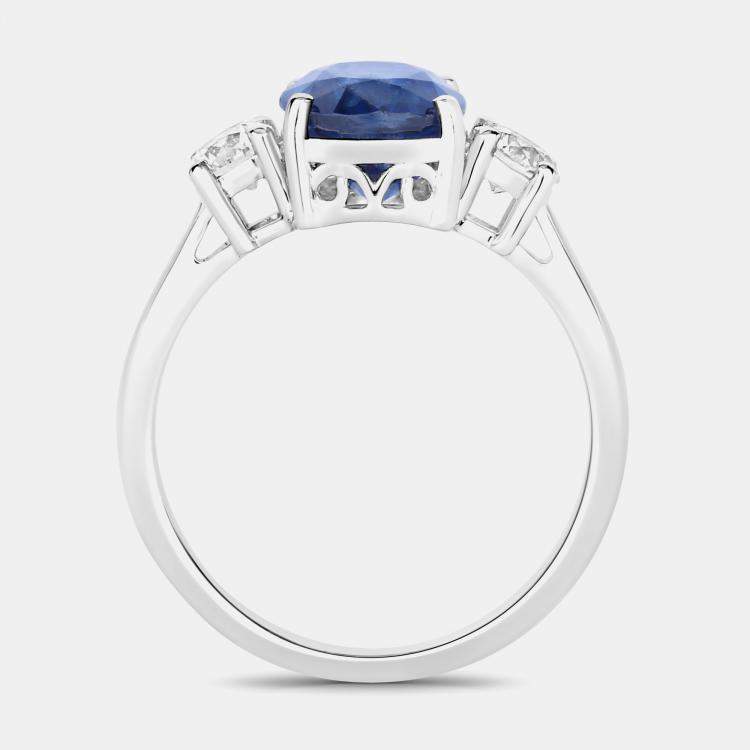 Pre Owned 3.85 cts Ceylon Blue Sapphire and Diamond 18K White Gold 3 Stone Ring US Size 7