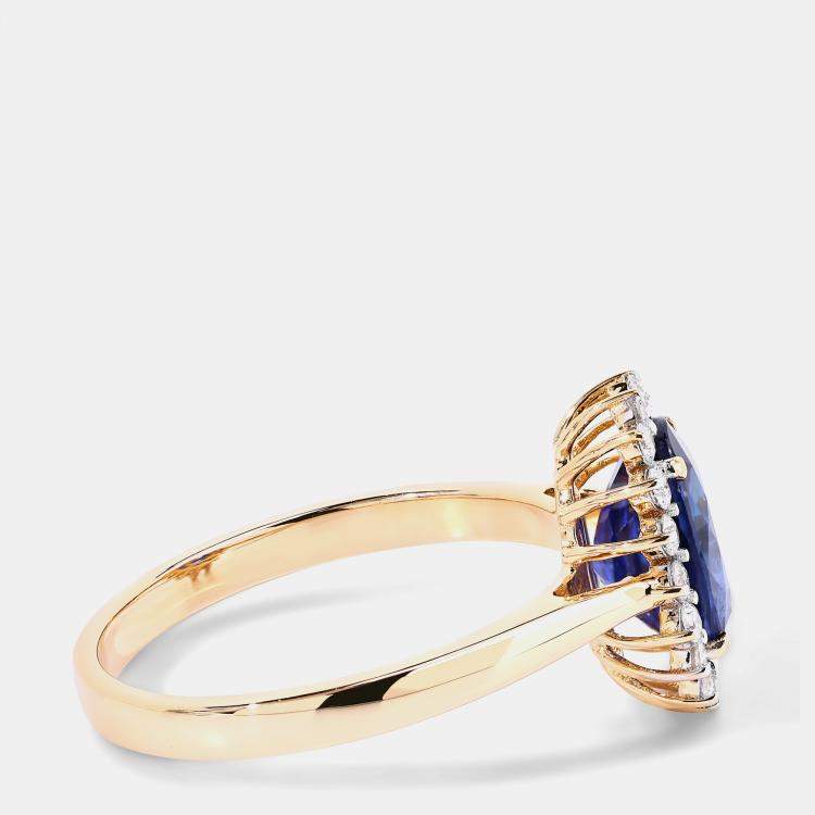 Pre Owned 2.36 cts Ceylon Blue Sapphire and Diamond 18K Yellow Gold Halo Ring US Size 7