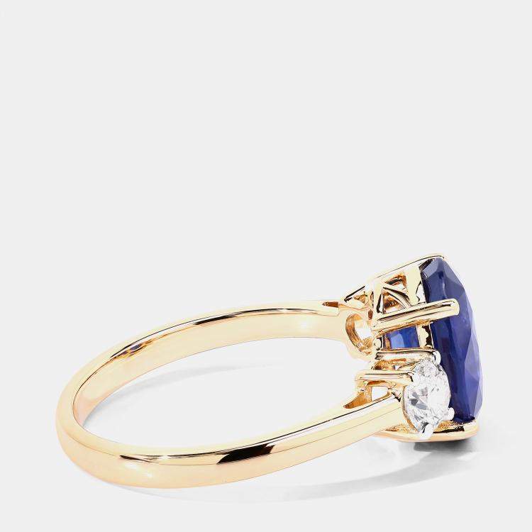 Pre Owned 3.64 cts Ceylon Blue Sapphire and Diamond 18K Yellow Gold 3 Stone Ring US Size 7