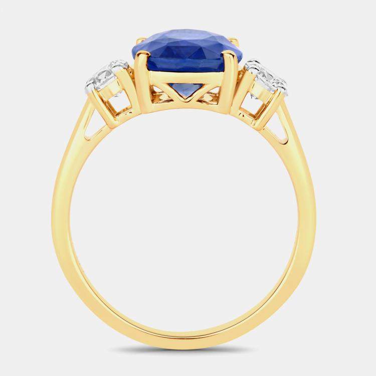 Pre Owned 3.64 cts Ceylon Blue Sapphire and Diamond 18K Yellow Gold 3 Stone Ring US Size 7