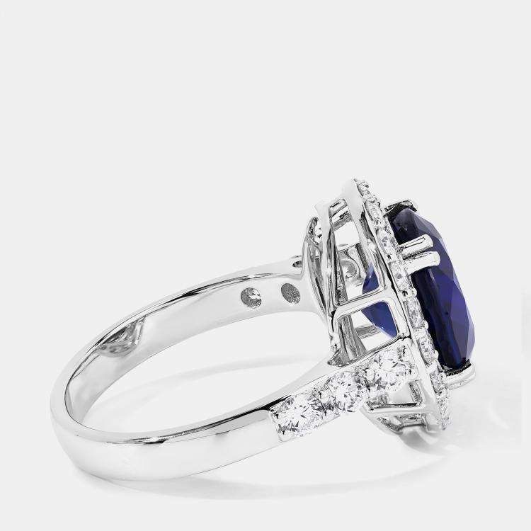 Pre Owned 4.74 cts Ceylon Blue Sapphire and Diamond 18K White Gold Halo Ring US Size 7