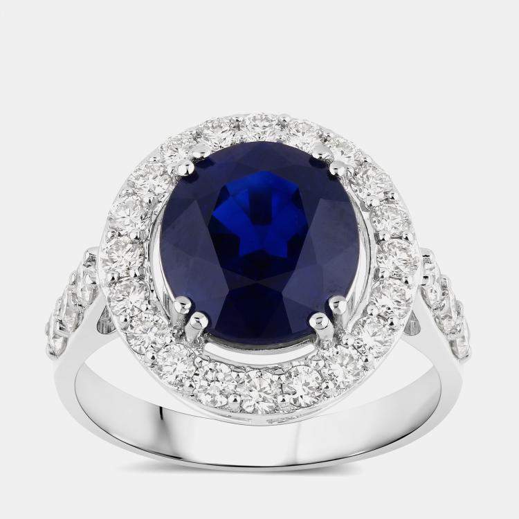 Pre Owned 4.74 cts Ceylon Blue Sapphire and Diamond 18K White Gold Halo Ring US Size 7