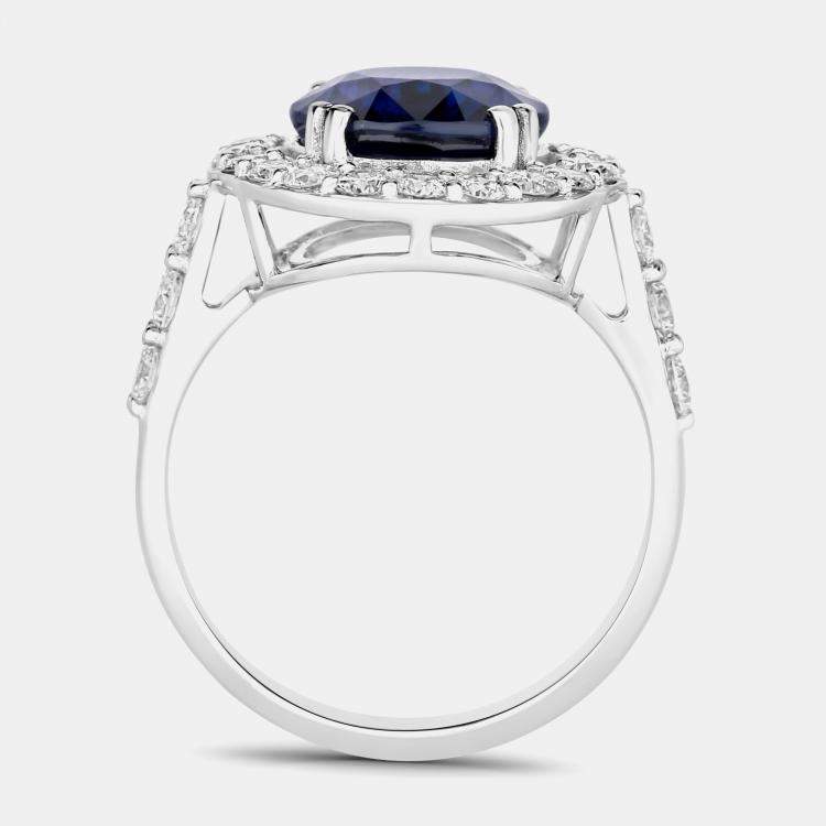 Pre Owned 4.74 cts Ceylon Blue Sapphire and Diamond 18K White Gold Halo Ring US Size 7