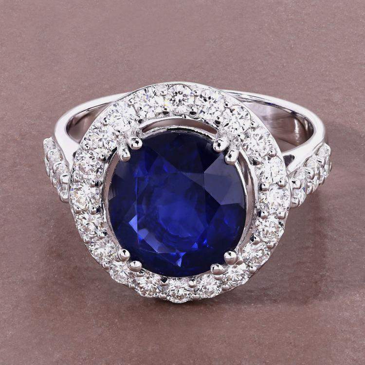 Pre Owned 4.74 cts Ceylon Blue Sapphire and Diamond 18K White Gold Halo Ring US Size 7