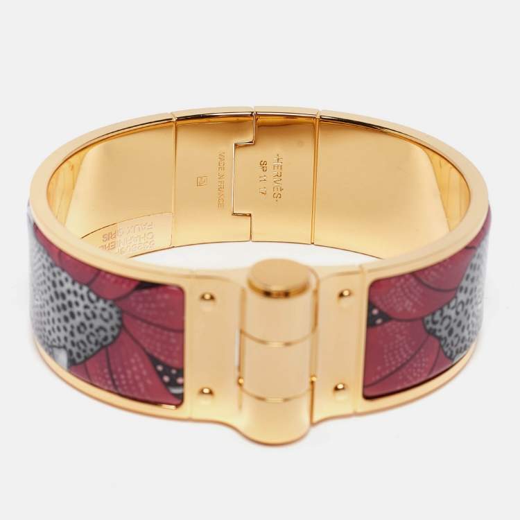 Pre Owned Hermes  Charnière Baobab Cat Hinged Enamel Gold Plated Bracelet