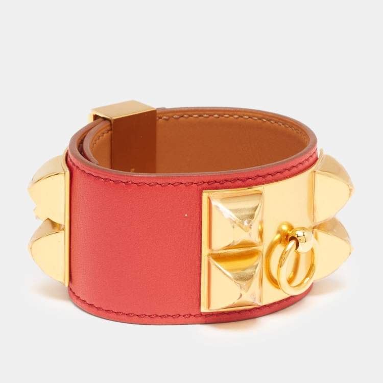 Pre Owned Hermès Collier De Chien Red Leather Gold Plated Bracelet