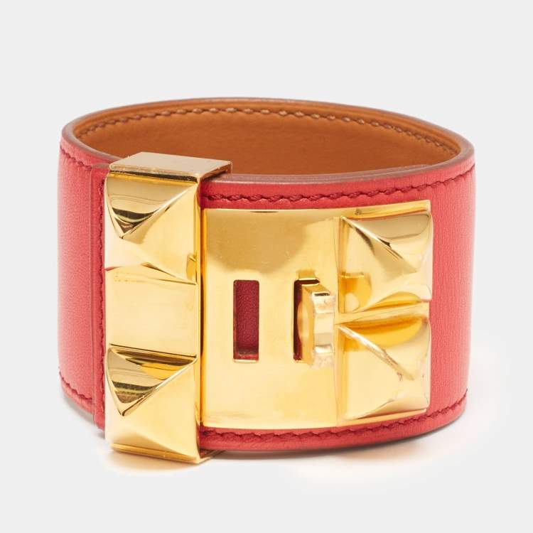 Pre Owned Hermès Collier De Chien Red Leather Gold Plated Bracelet