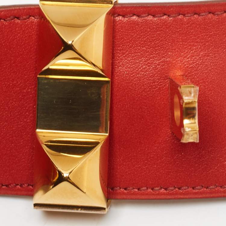 Pre Owned Hermès Collier De Chien Red Leather Gold Plated Bracelet