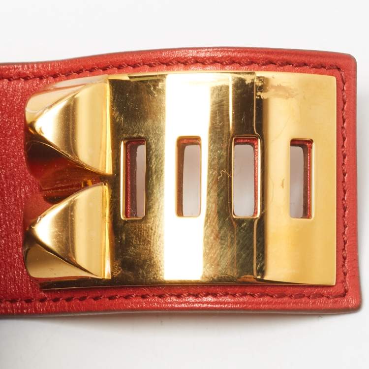 Pre Owned Hermès Collier De Chien Red Leather Gold Plated Bracelet