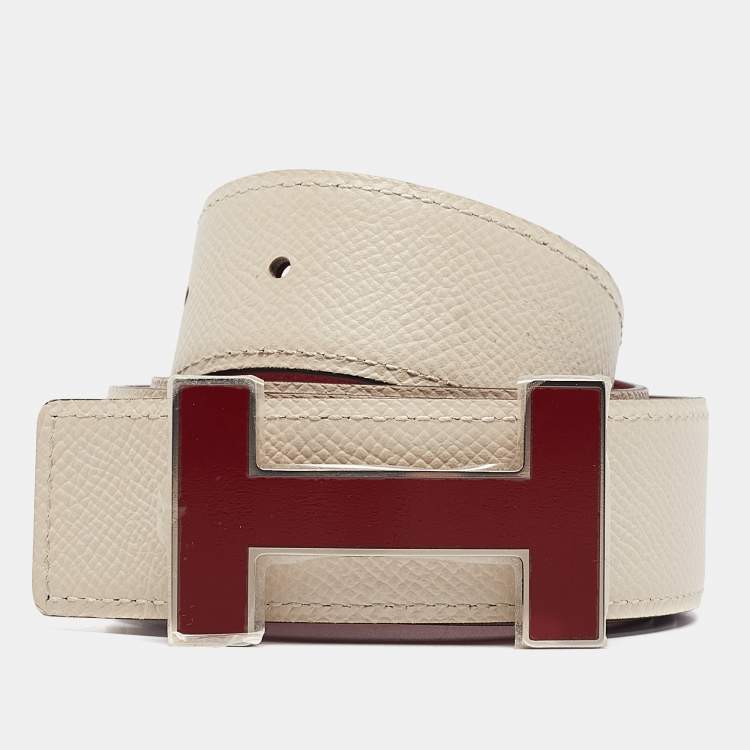 Pre Owned Hermès Rouge/Beton Swift and Epsom Leather Enamel Quizz H Buckle Belt 100 CM