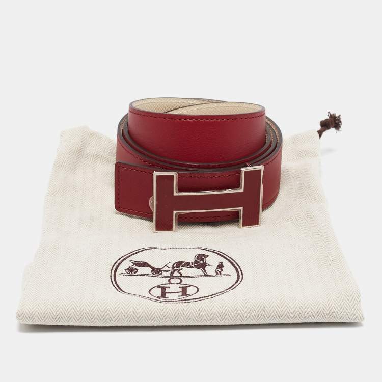 Pre Owned Hermès Rouge/Beton Swift and Epsom Leather Enamel Quizz H Buckle Belt 100 CM