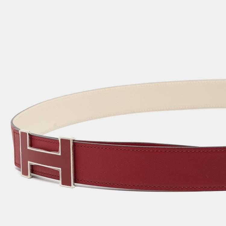 Pre Owned Hermès Rouge/Beton Swift and Epsom Leather Enamel Quizz H Buckle Belt 100 CM