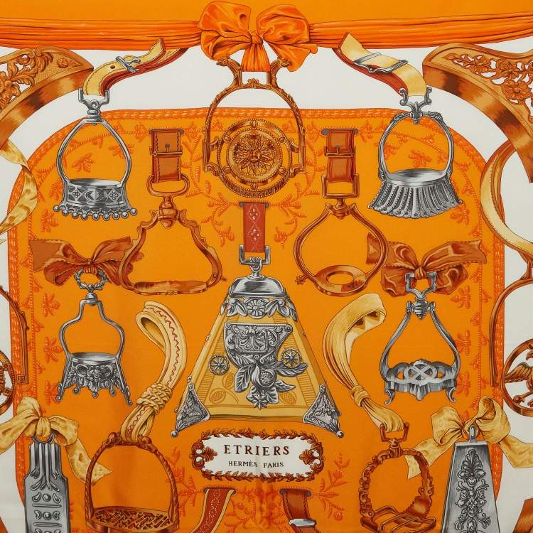 Pre Owned Hermes Orange Silk Twill Etriers Scarf 