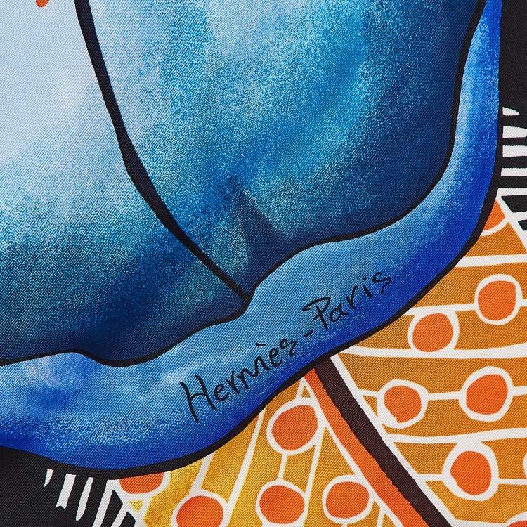 Pre Owned Hermès Blue Printed Silk Baobab Cat Square Scarf