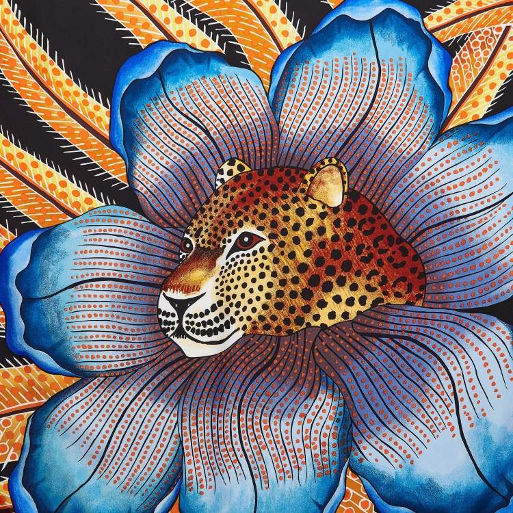 Pre Owned Hermès Blue Printed Silk Baobab Cat Square Scarf