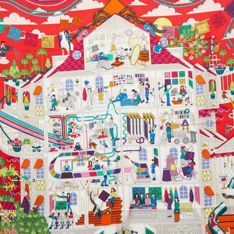 Pre Owned Hermes Red La Maison Des Carrés Silk Scarf