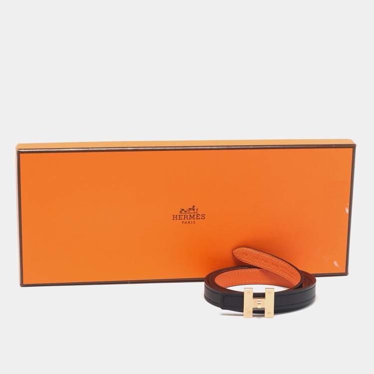 Pre Owned Hermes Noir/Orange Swift and Epsom Leather H Buckle Reversible Belt 75 CM