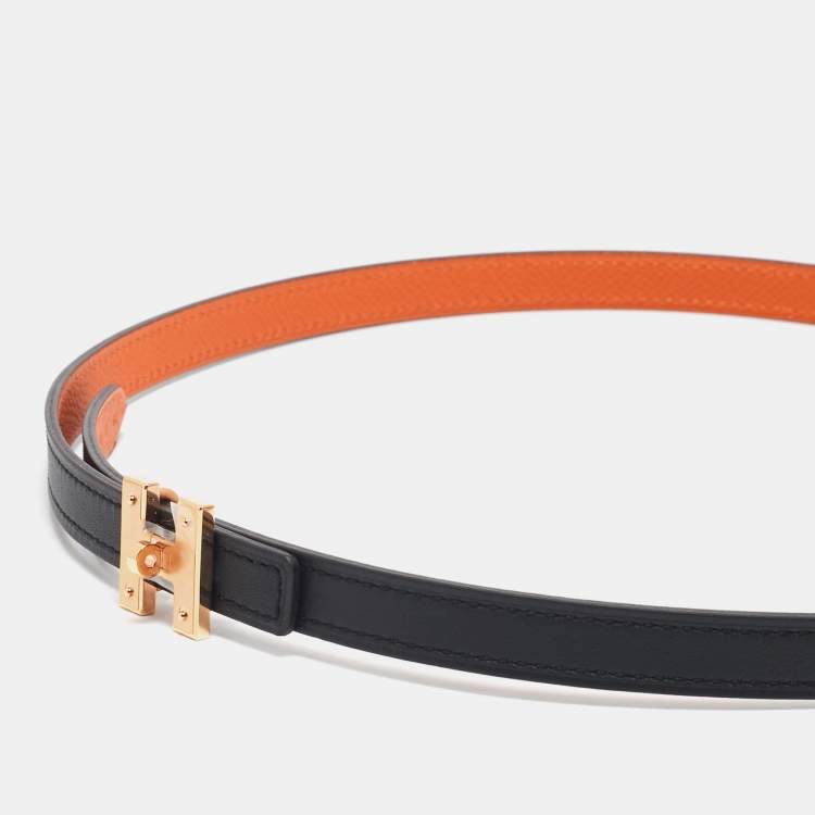 Pre Owned Hermes Noir/Orange Swift and Epsom Leather H Buckle Reversible Belt 75 CM
