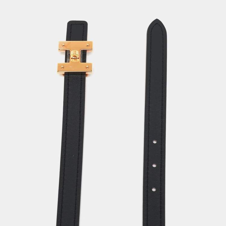 Pre Owned Hermes Noir/Orange Swift and Epsom Leather H Buckle Reversible Belt 75 CM